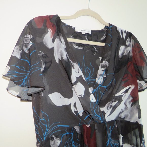 REISS Gray V Neck Floral Sheer Midi Dress - US Size 6 - Picture 3 of 11